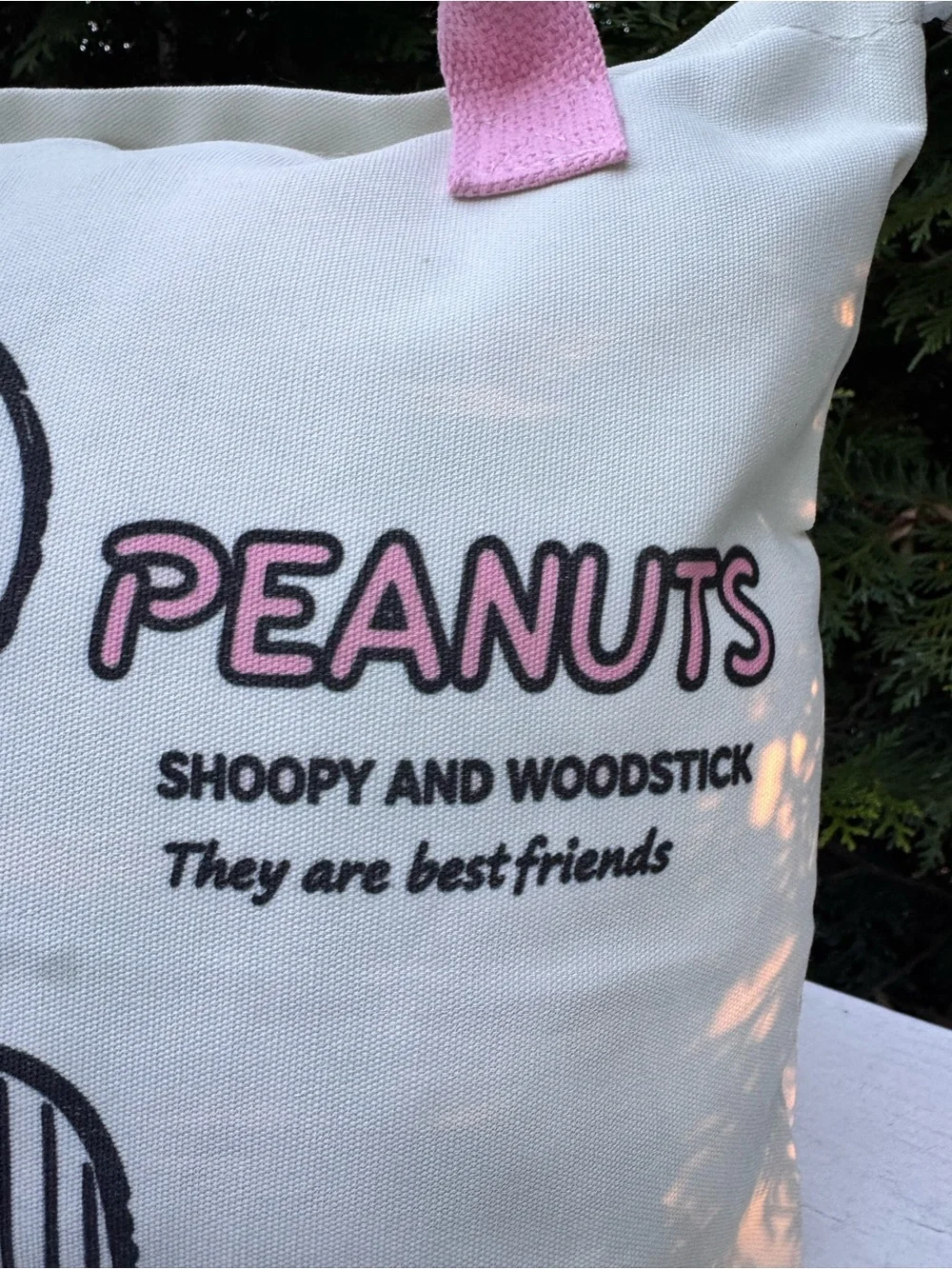 Peanuts Snoopy Canvas Tote Bag in Pink zipper top, 8” handle drop, 15”x10”x3